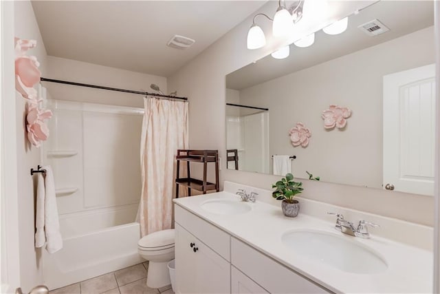 6410 Crosscreek Ln, Flowery Branch, GA 30542 - full bathroom featuring tile patterned floors, shower / bath combo with shower curtain, and double vanity