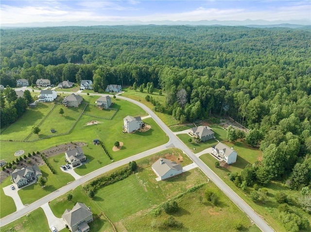 aerial view with a mountain view and a wooded view