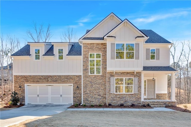 16 Grove Pointe Way SE, Cartersville, GA 30120 - view of front of home featuring stone siding, driveway, board and batten siding, and a shingled roof