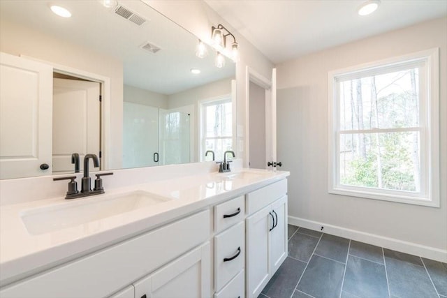 bathroom with vanity, plenty of natural light, and a shower with shower door