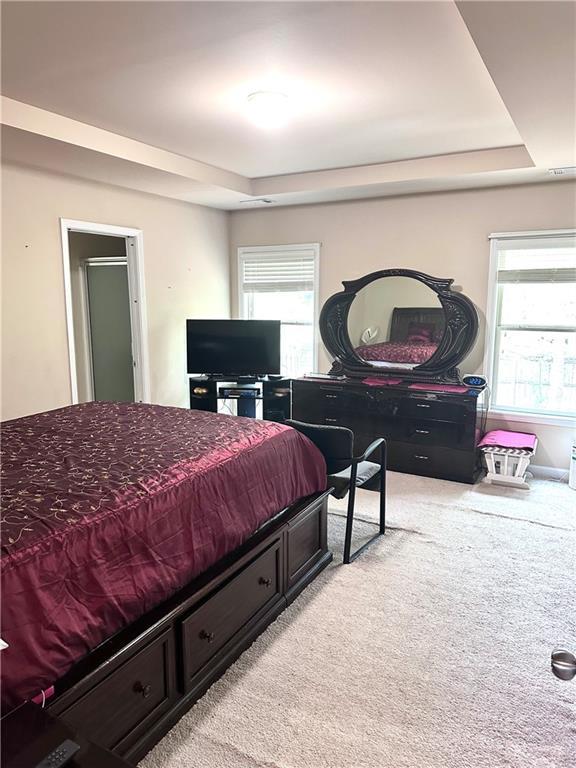 bedroom with light carpet and a tray ceiling