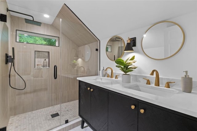5143 Meadowlake Ln, Dunwoody, GA 30338 - full bath with a stall shower, double vanity, and lofted ceiling