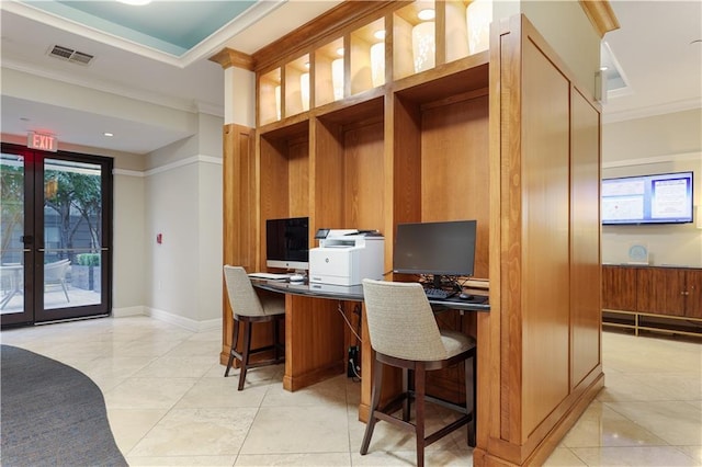 office with light tile patterned floors, visible vents, french doors, and ornamental molding