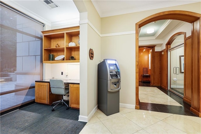 office area with visible vents, arched walkways, and ornamental molding