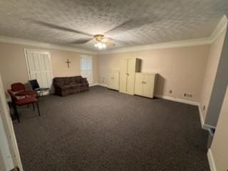 unfurnished room featuring dark carpet, a textured ceiling, ceiling fan, and crown molding