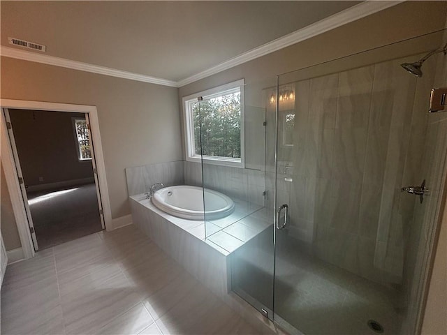 bathroom with independent shower and bath, tile patterned floors, and crown molding