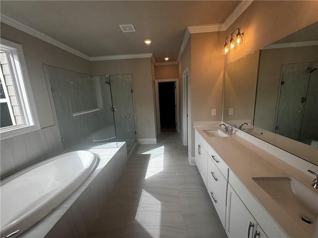 bathroom with tile patterned floors, vanity, shower with separate bathtub, and ornamental molding