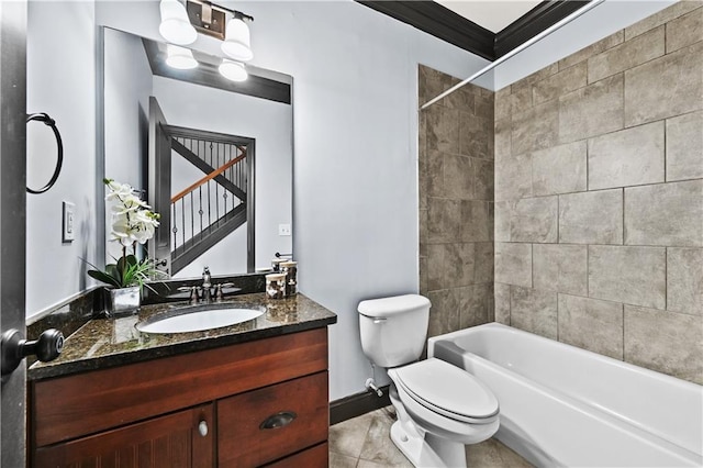 full bathroom with toilet, shower / bath combination, vanity, baseboards, and tile patterned floors