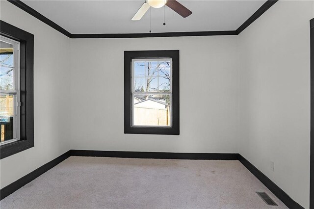 spare room featuring crown molding, ceiling fan, and light colored carpet