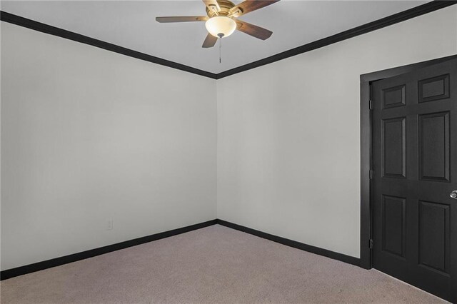 carpeted spare room featuring ceiling fan and ornamental molding