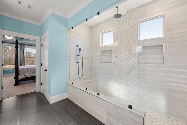 full bath featuring plenty of natural light, ensuite bath, ornamental molding, and a tile shower