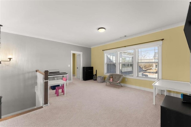 playroom with baseboards, carpet flooring, and crown molding