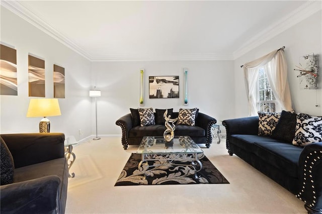 carpeted living room featuring crown molding