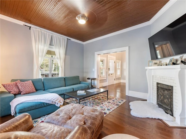 living room with dark hardwood / wood-style floors, ornamental molding, and wood ceiling