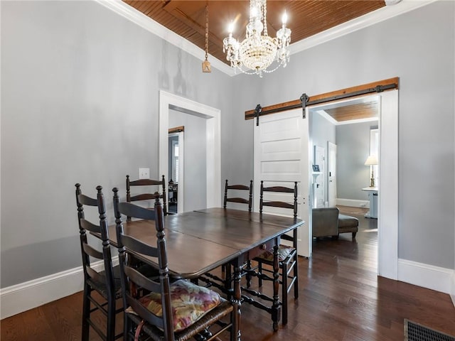 dining area with a barn door, ornamental molding, dark wood-type flooring, and wood ceiling