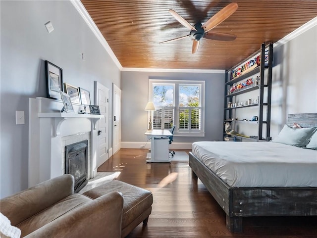 bedroom featuring ceiling fan, dark hardwood / wood-style flooring, wooden ceiling, and crown molding