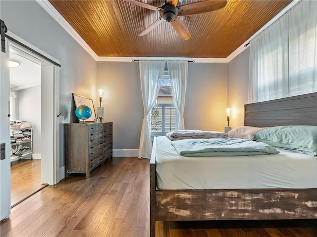 bedroom with hardwood / wood-style floors, ceiling fan, ornamental molding, and wood ceiling