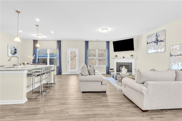 living room with light wood-type flooring and sink