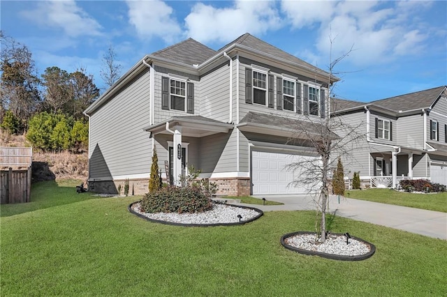 view of front of property featuring a garage, brick siding, concrete driveway, roof with shingles, and a front yard