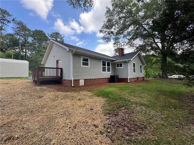 8245 Pleasant Grove Cir, Gainesville, GA 30506 - back of house featuring central AC unit, a chimney, a deck, a lawn, and crawl space