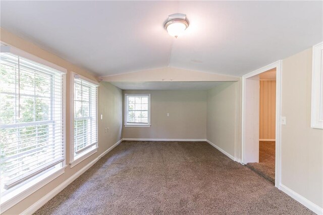 unfurnished room featuring carpet floors, plenty of natural light, and vaulted ceiling