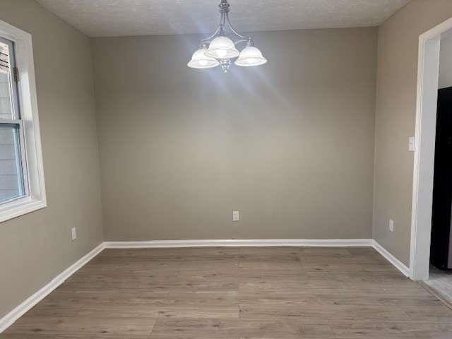 unfurnished dining area featuring a notable chandelier, a textured ceiling, and light wood-type flooring