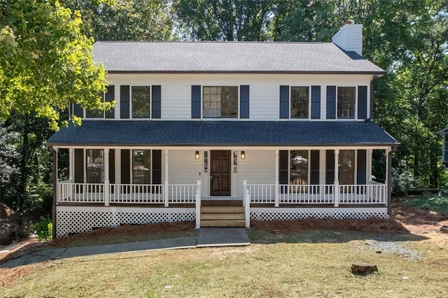4166 Riverhill Ct NE, Roswell, GA 30075 - view of front of property featuring a chimney, covered porch, a front yard, and roof with shingles