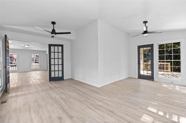 4166 Riverhill Ct NE, Roswell, GA 30075 - unfurnished living room with ceiling fan, light wood-style floors, and baseboards