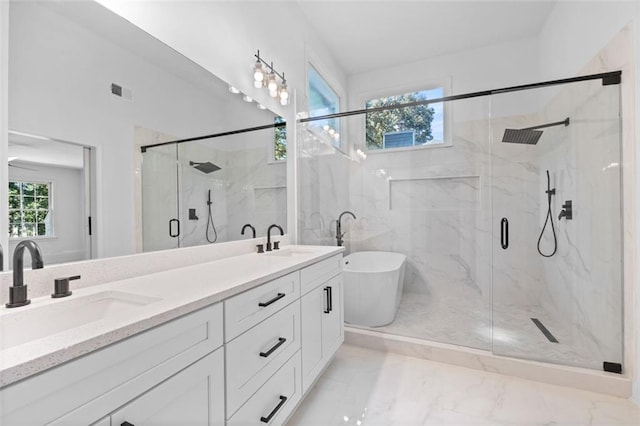 4166 Riverhill Ct NE, Roswell, GA 30075 - full bath featuring marble look tile flooring, a freestanding bath, a marble finish shower, and double vanity