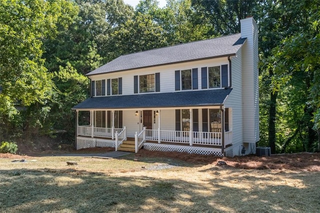 4166 Riverhill Ct NE, Roswell, GA 30075 - colonial-style house featuring covered porch, a chimney, central AC unit, and a shingled roof