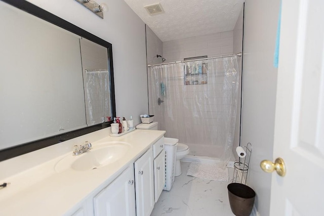 bathroom with visible vents, a shower stall, a textured ceiling, toilet, and marble finish floor