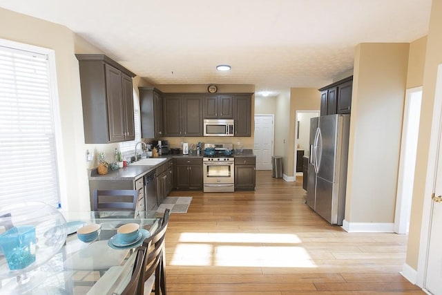 kitchen featuring light wood-type flooring, a sink, dark countertops, dark brown cabinetry, and appliances with stainless steel finishes