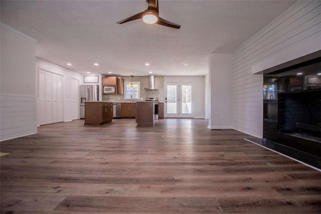 280 Hitchcock Rd, Dallas, GA 30157 - unfurnished living room featuring a fireplace, dark wood finished floors, ceiling fan, a sink, and recessed lighting