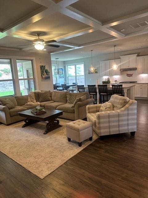 2159 Holland Creek Ln, Buford, GA 30519 - living room with coffered ceiling, dark wood-type flooring, a ceiling fan, and beam ceiling