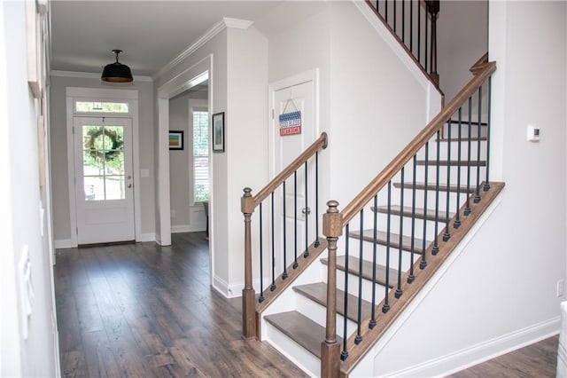 2159 Holland Creek Ln, Buford, GA 30519 - entrance foyer featuring wood finished floors, crown molding, and stairway