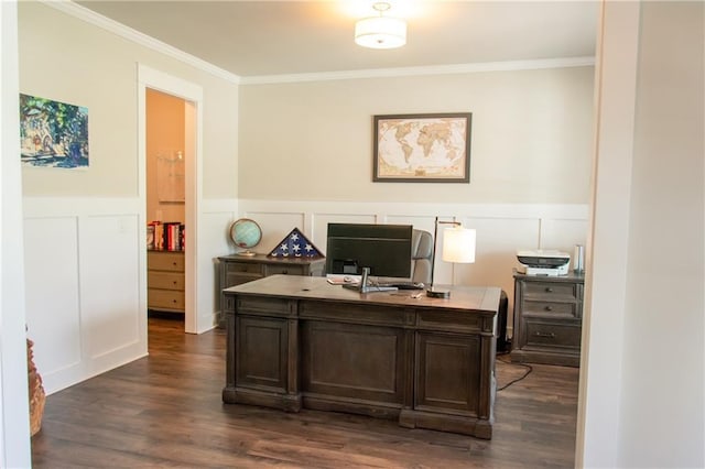 2159 Holland Creek Ln, Buford, GA 30519 - office space featuring crown molding, wainscoting, dark wood-style floors, and a decorative wall