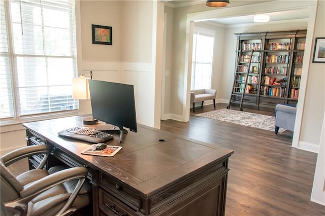 2159 Holland Creek Ln, Buford, GA 30519 - office space with crown molding, dark wood-style flooring, wainscoting, and a decorative wall