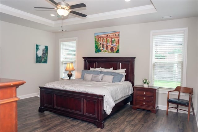 2159 Holland Creek Ln, Buford, GA 30519 - bedroom featuring a tray ceiling, dark wood-style floors, ornamental molding, recessed lighting, and ceiling fan