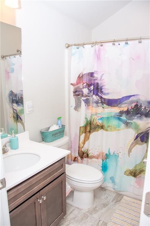 2159 Holland Creek Ln, Buford, GA 30519 - full bathroom featuring vanity, marble look tiles, vaulted ceiling, and curtained shower