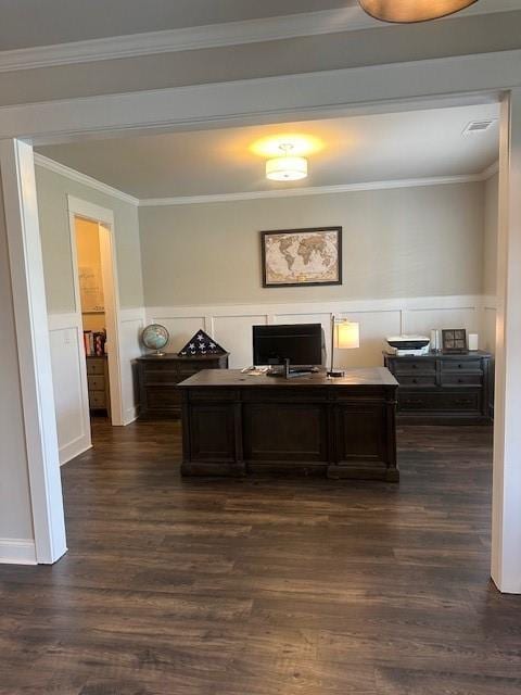 2159 Holland Creek Ln, Buford, GA 30519 - office area with wainscoting, dark wood-style flooring, ornamental molding, and a decorative wall