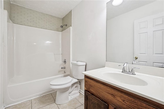 full bathroom with tile patterned flooring, tub / shower combination, toilet, vanity, and a textured ceiling