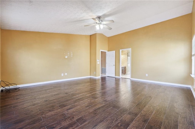 unfurnished room featuring dark wood-type flooring, ceiling fan, and a textured ceiling