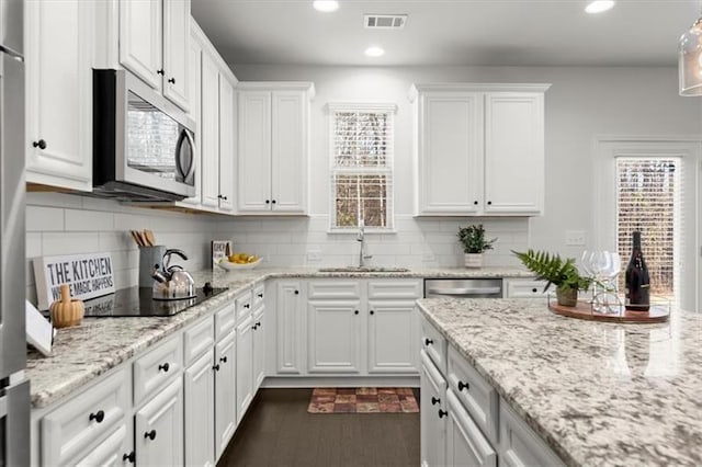 kitchen with visible vents, a sink, white cabinets, and stainless steel appliances
