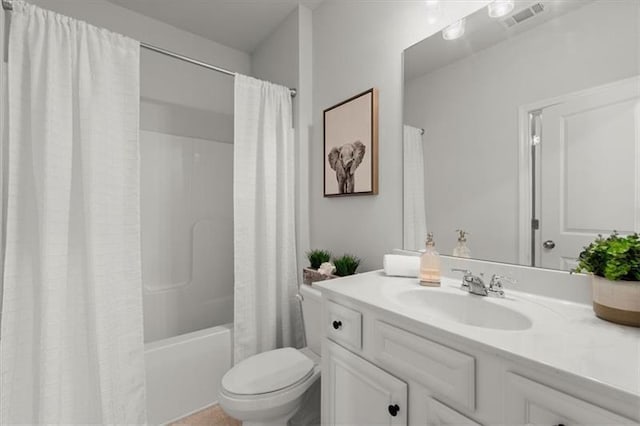 bathroom with vanity, shower / bathtub combination with curtain, toilet, and visible vents