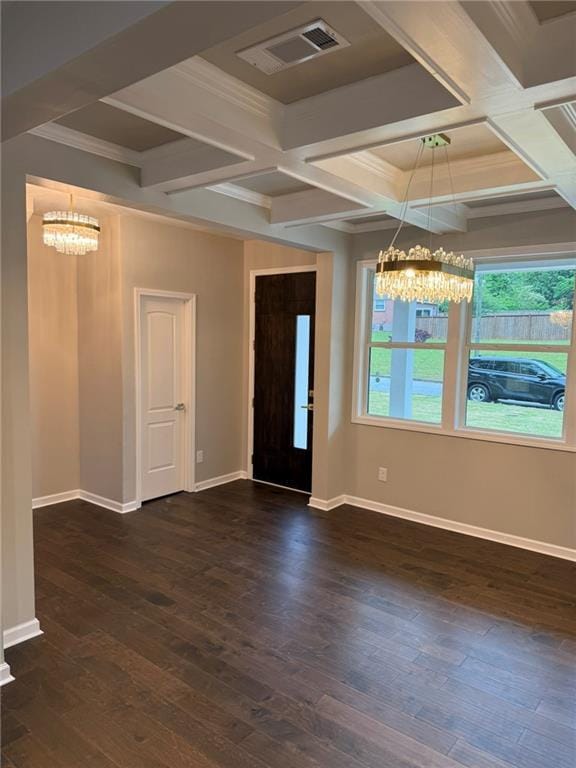 foyer featuring a chandelier, baseboards, dark wood-type flooring, and stairway