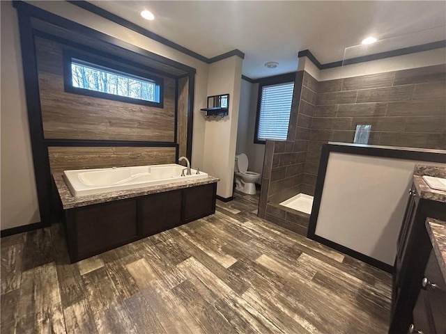 bathroom featuring vanity, a garden tub, toilet, and wood finished floors