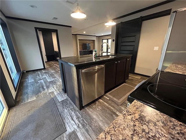 kitchen with stainless steel dishwasher, black / electric stove, dark wood-style flooring, and a sink