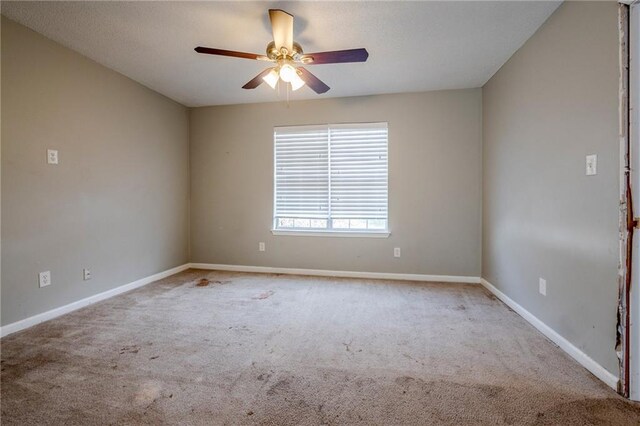 empty room featuring ceiling fan and light carpet