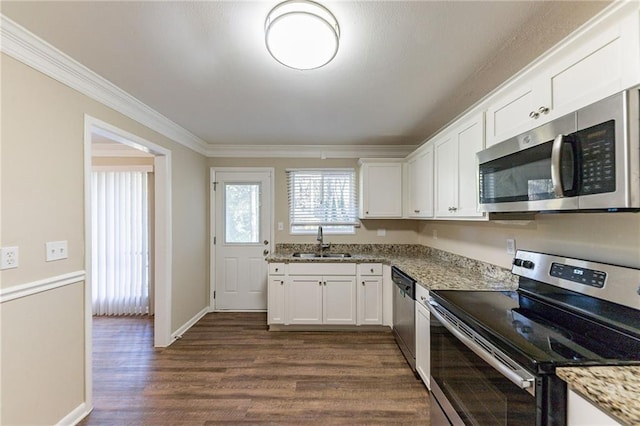 2363 Dabney Ter, Atlanta, GA 30344 - kitchen featuring sink, dark hardwood / wood-style floors, appliances with stainless steel finishes, light stone counters, and white cabinetry