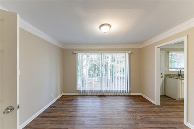 2363 Dabney Ter, Atlanta, GA 30344 - empty room with crown molding, sink, and dark wood-type flooring
